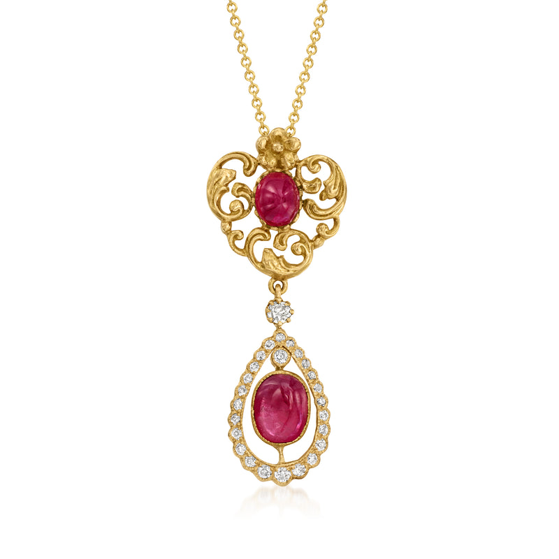 18k yellow gold drop pendant necklace with ruby cabochon and diamond halo drops