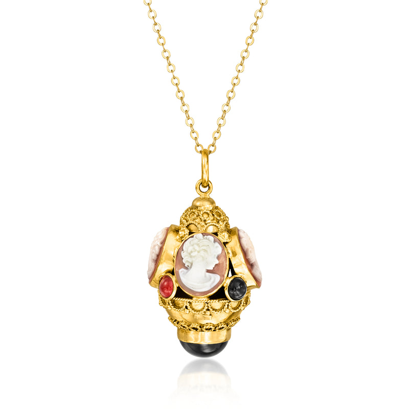 Vintage 18kt yellow gold charm pendant necklace with oval cameo and red/black gems