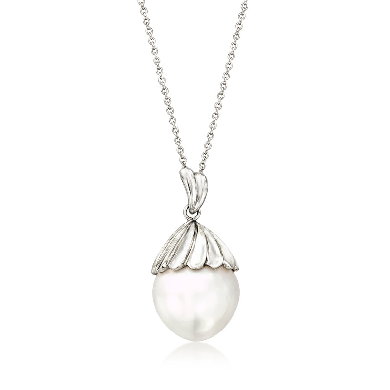 Cultured pearl pendant necklace with round white pearl and platinum-tone bail