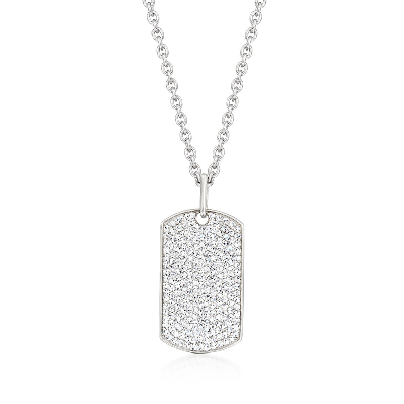 Sterling silver diamond dog tag pendant necklace with faceted, glittering front