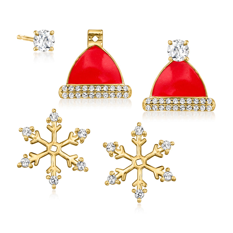 Gold-tone stud earrings with red enamel Santa hat and crystal snowflake jackets
