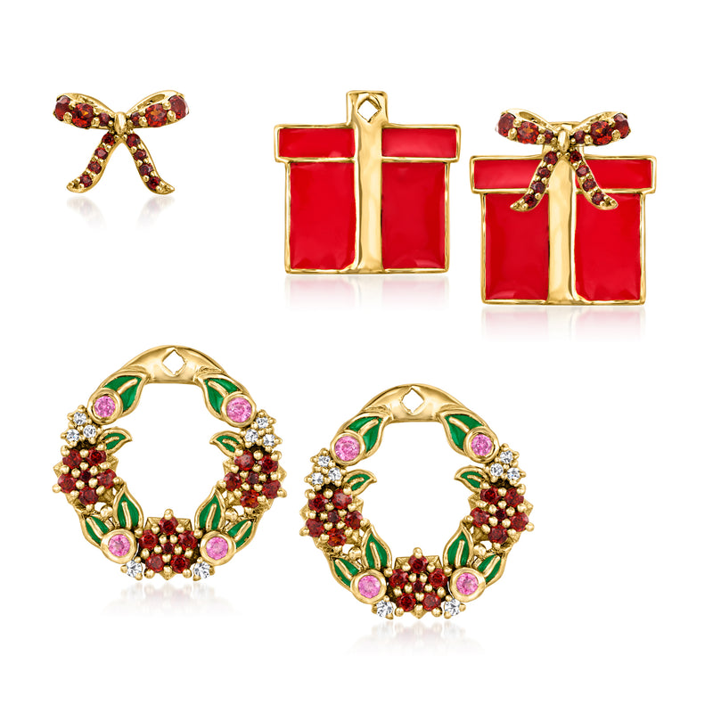 Multicolor enamel earrings set: bow posts, gift jackets, wreath hoop accents