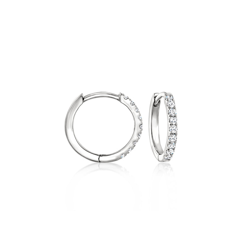 Lab-grown diamond huggie hoop earrings in 14kt white gold, front and side view