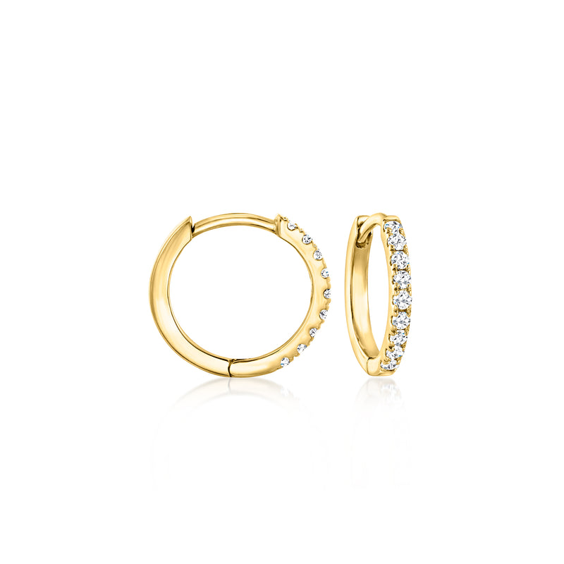 14kt yellow gold lab-grown diamond huggie hoop earrings, one front and one side view