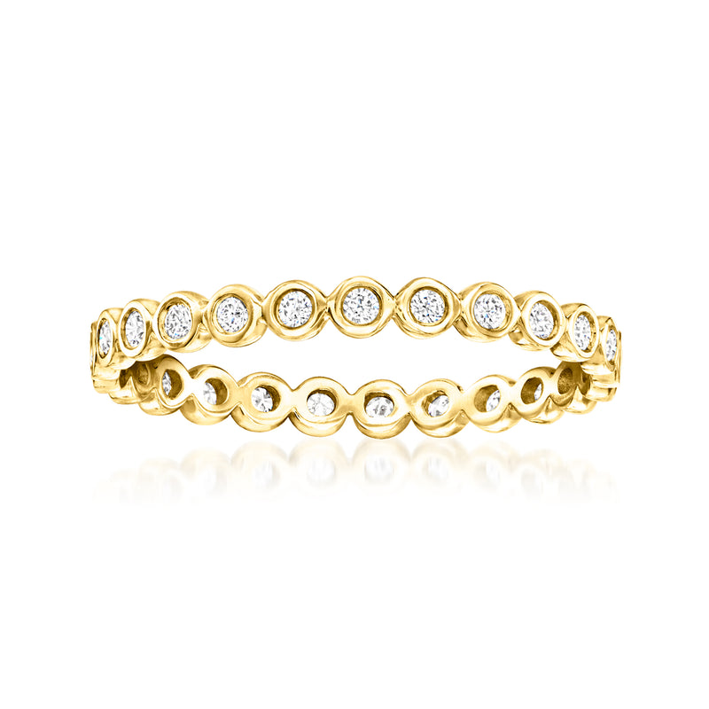 14k yellow gold eternity band with bezel-set round diamonds along the top