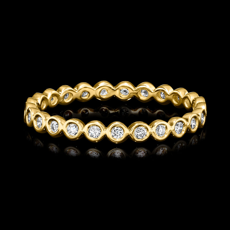 14k yellow gold diamond eternity band, round bezel-set stones across the band
