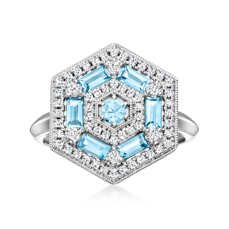 Sterling silver vintage-style ring, sky blue and white gemstones in geometric halo