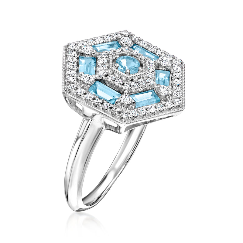 Sterling silver vintage-style ring with hexagonal sky blue and white topaz cluster