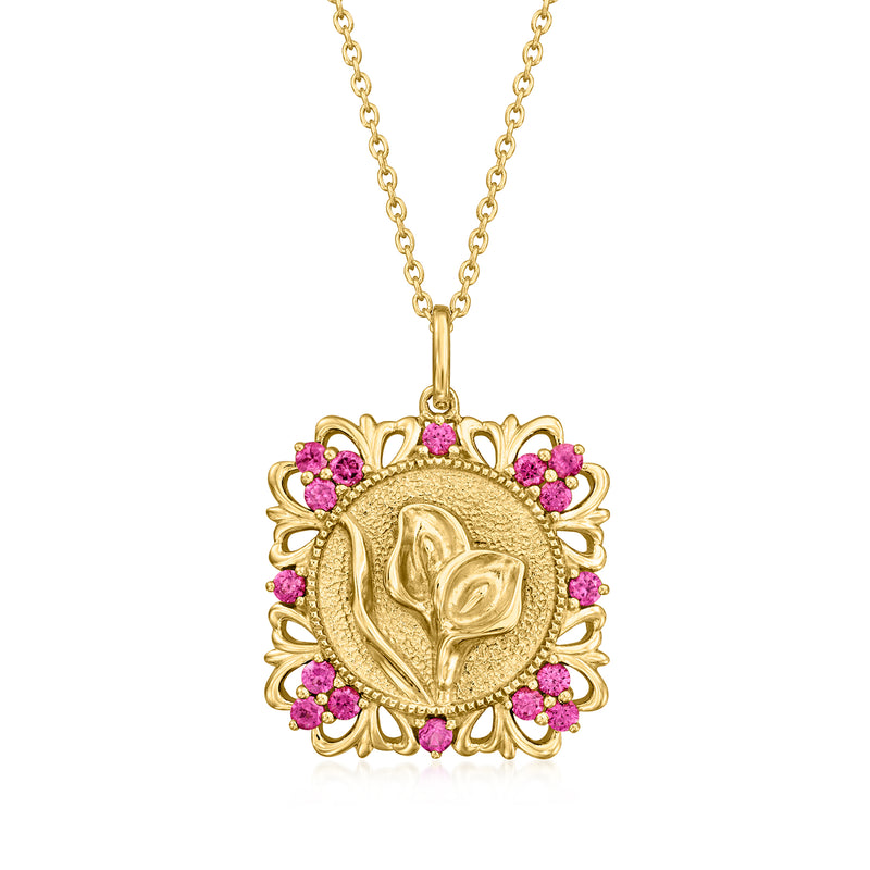 Gold over sterling pendant necklace, rose medallion with pink rhodolite garnet stones