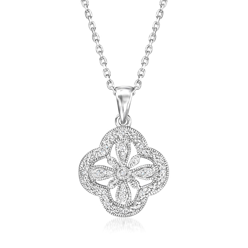 Sterling silver diamond flower pendant necklace with openwork floral charm
