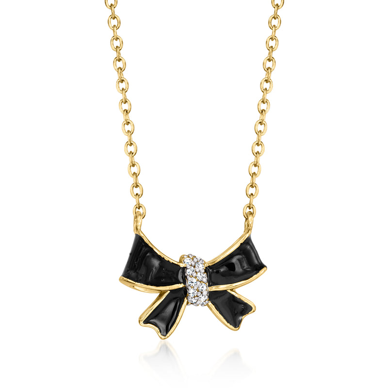 Black enamel bow pendant necklace with diamond-look center, gold chain