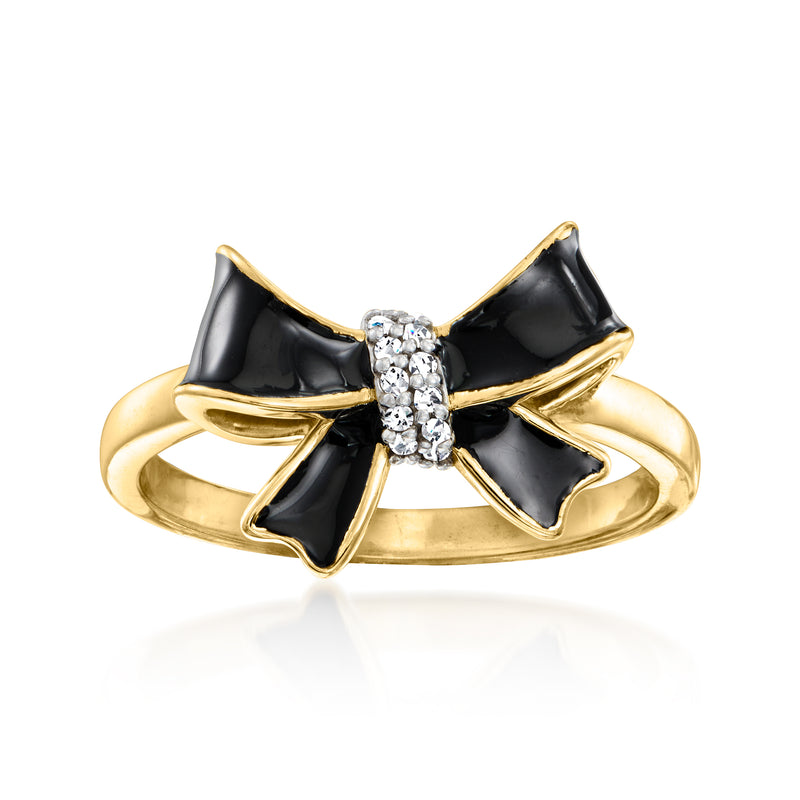 Black enamel bow ring with diamond cluster center, 18kt gold over sterling band