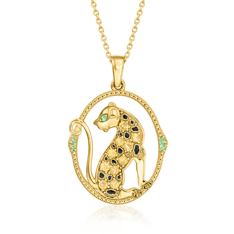 Gold leopard pendant necklace with oval charm, black enamel spots and green accents