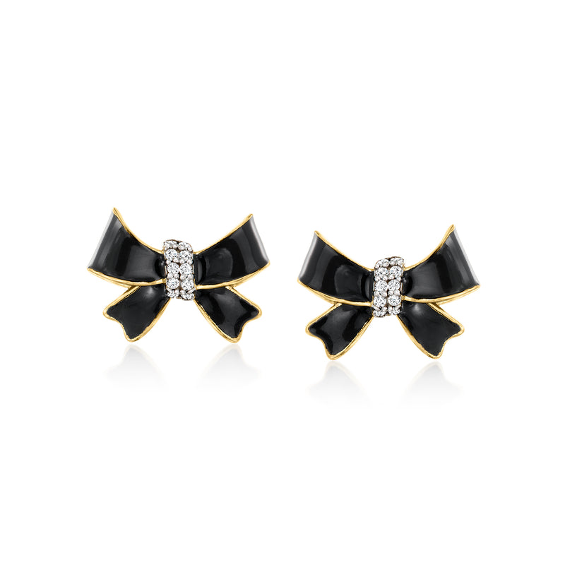 Black enamel bow stud earrings with clear stone centers, gold-tone posts