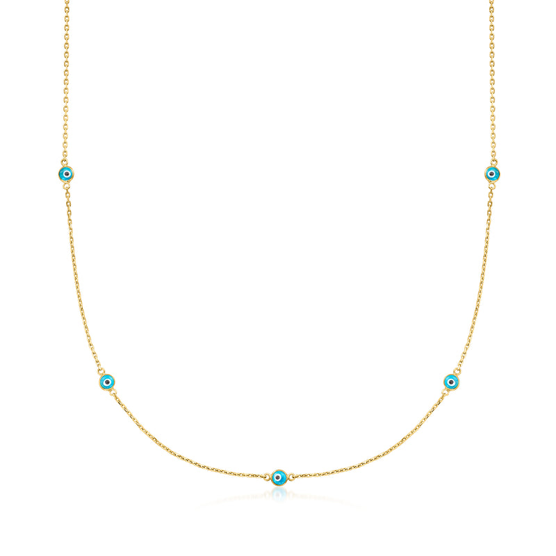 Gold evil-eye station necklace with five blue glass eye beads