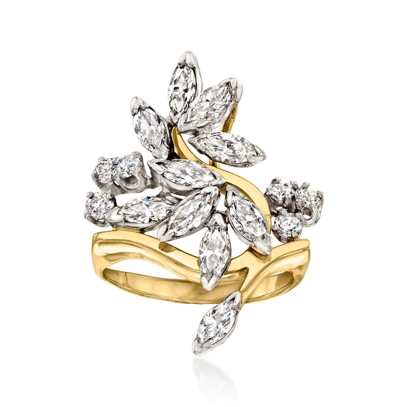 Yellow gold diamond waterfall ring with marquise-cut stone cluster on top