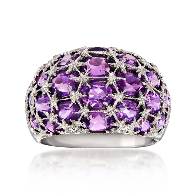 Vintage amethyst dome ring in 14kt white gold with star-like diamond accents