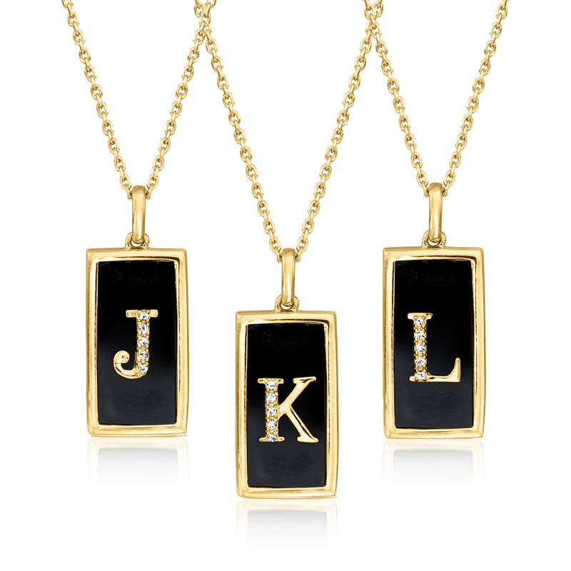 Gold initial pendant necklace with black onyx rectangles and diamond letters J, K, L