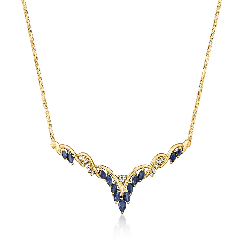 14kt yellow gold necklace with V-shaped blue sapphire accents and small round diamond halos