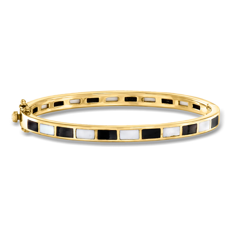 Gold over sterling bangle bracelet with alternating black and white rectangular stones