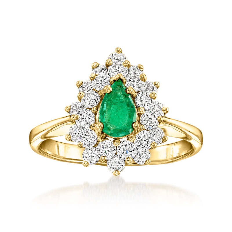 14kt yellow gold ring with pear-cut emerald center and round diamond halo