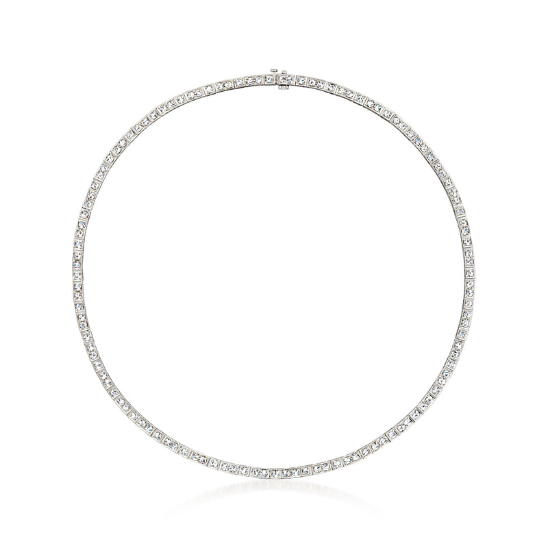 18kt white gold diamond tennis necklace with even bezel-set stones