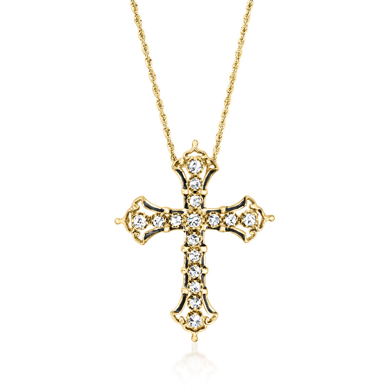 14kt yellow gold cross pendant necklace with diamond accents and black enamel center