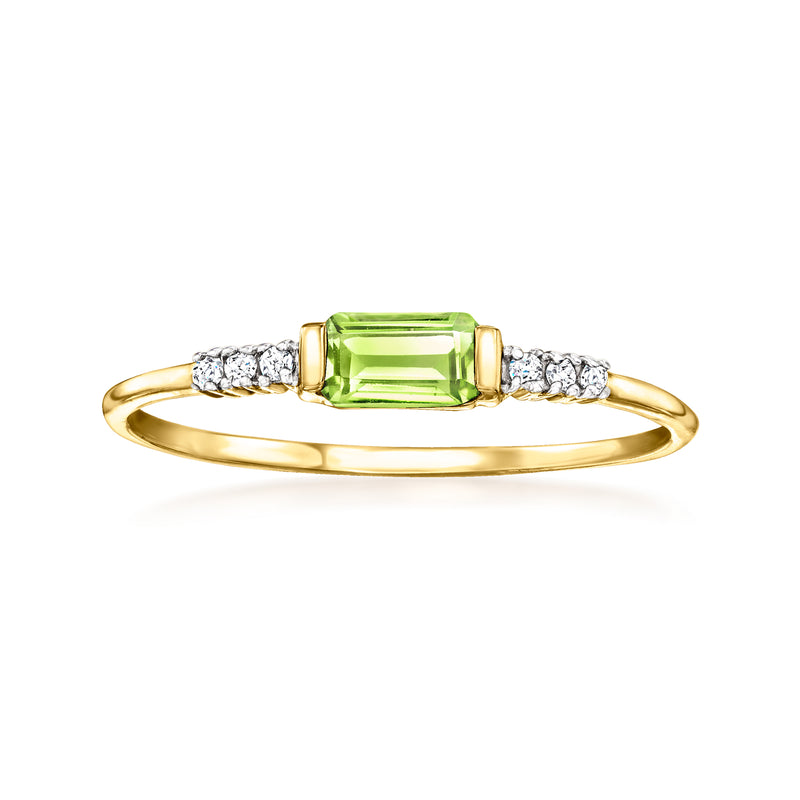 14kt yellow gold peridot diamond ring with emerald-cut green center stone