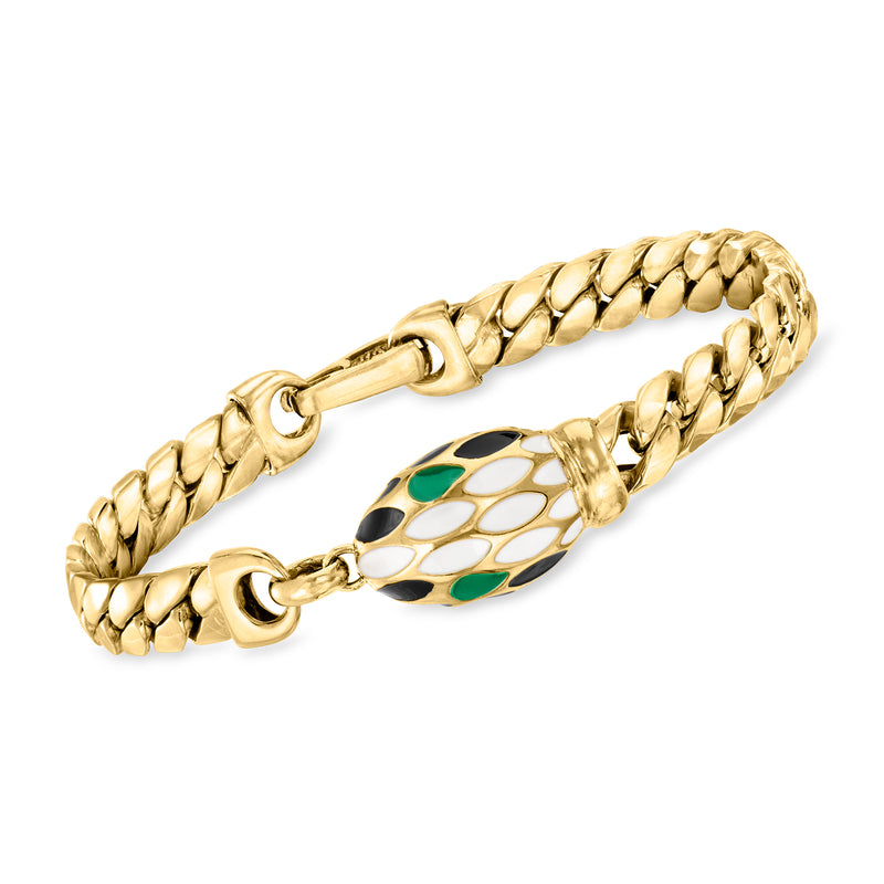 14kt yellow gold curb-link bracelet with multicolor enamel snake centerpiece