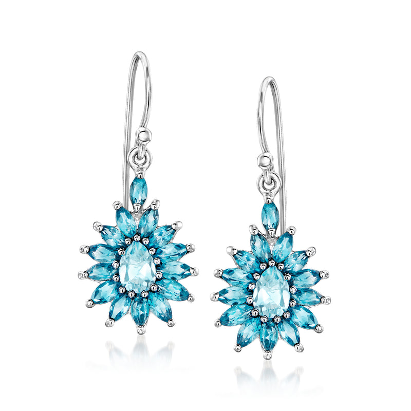 Sterling silver blue topaz flower drop earrings with earwire and teardrop petals