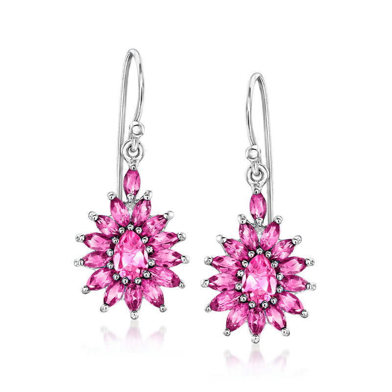 Sterling silver pink flower drop earrings, earwire, faceted rose-colored stone cluster