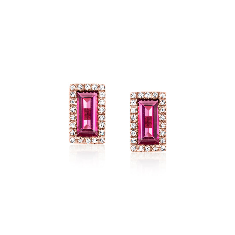 14kt rose gold rhodolite garnet and diamond stud earrings with rectangular settings