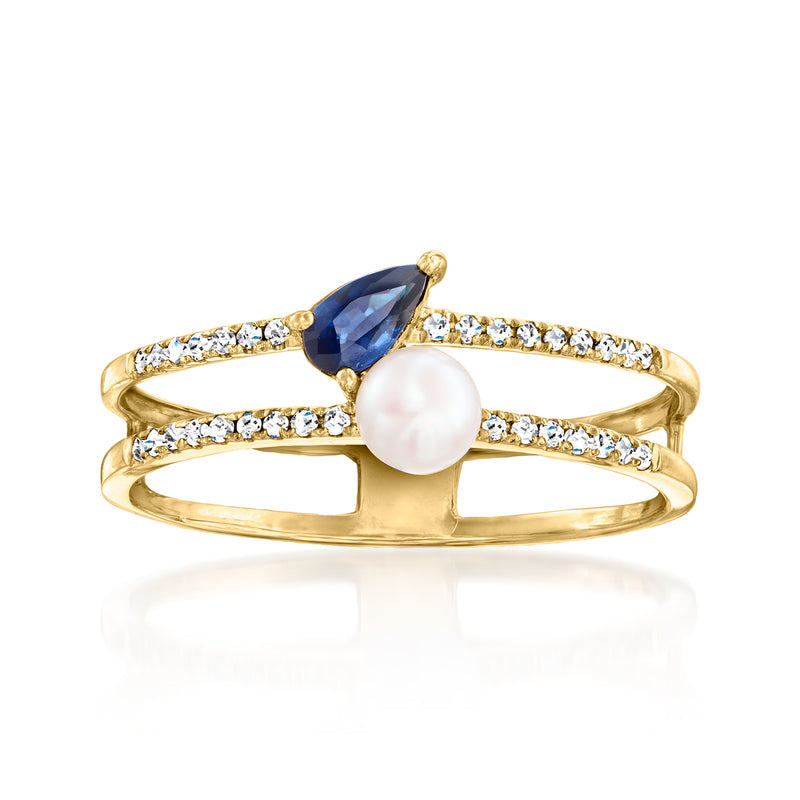 14kt yellow gold open-space ring with cultured pearl, blue sapphire, and diamond accents