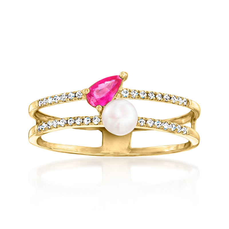 14kt yellow gold open-space ring with pink ruby center, cultured pearl, diamond accents