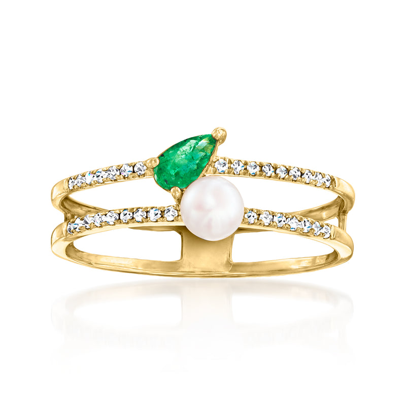 14kt yellow gold open-space ring with cultured pearl, emerald center, diamond accents