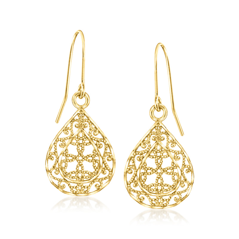 10kt yellow gold openwork teardrop drop earrings with earwire hooks