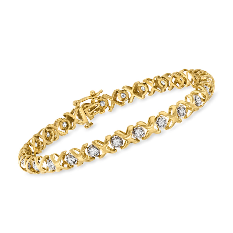 10kt yellow gold XO diamond bracelet with linked round stones, polished finish