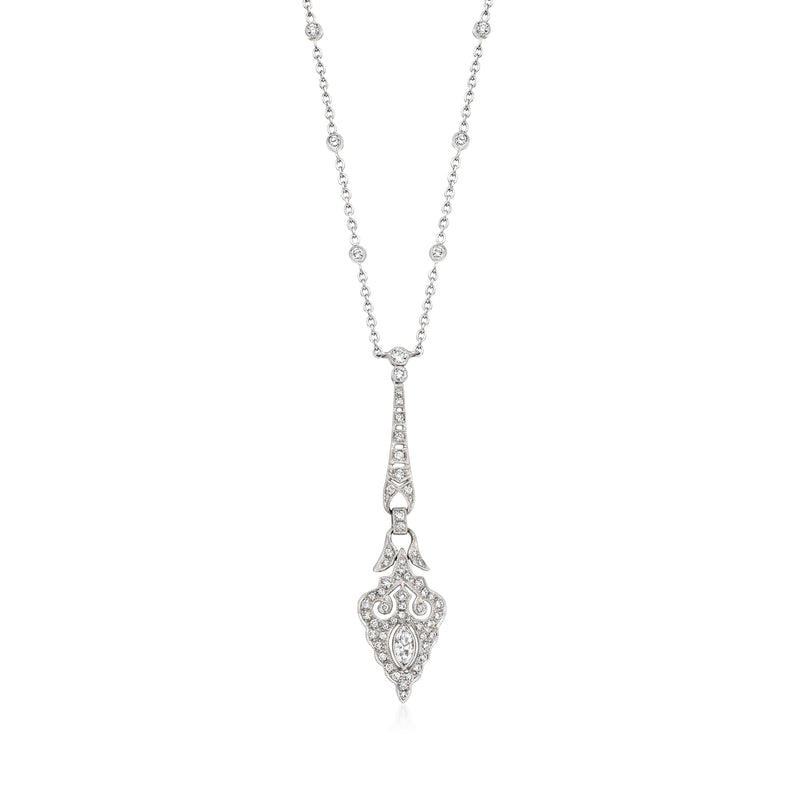 18kt white gold diamond Y-style drop necklace with ornate teardrop pendant