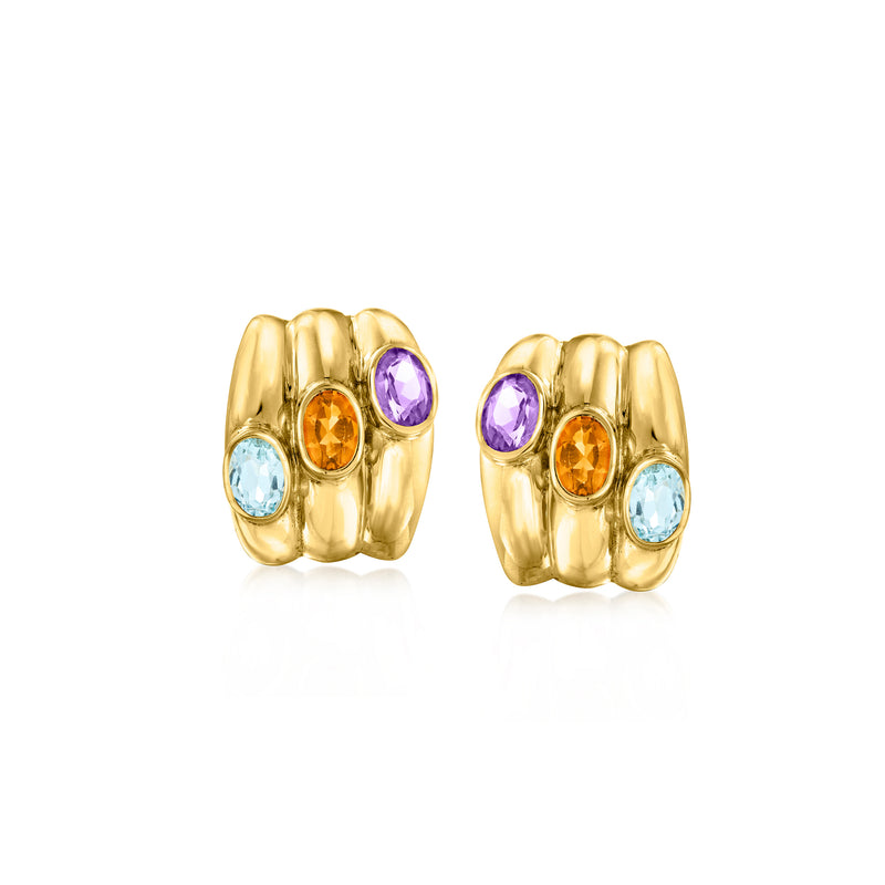 18kt yellow gold hoop earrings with purple, orange and blue gemstones