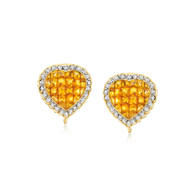 Heart-shaped yellow sapphire and diamond halo stud earrings in 18kt yellow gold