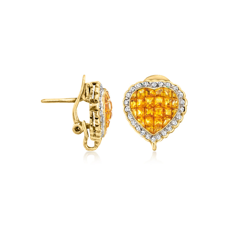 Heart-shaped yellow sapphire and diamond halo stud earrings with post backs, 18kt yellow gold