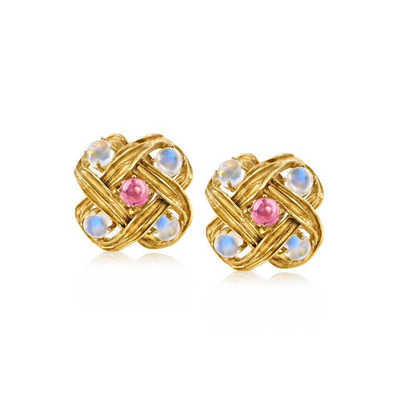 18kt yellow gold woven earrings with blue moonstone and pink center stones