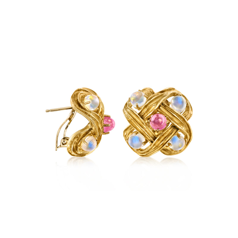 18kt yellow gold stud earrings with woven design, blue moonstone and pink stone