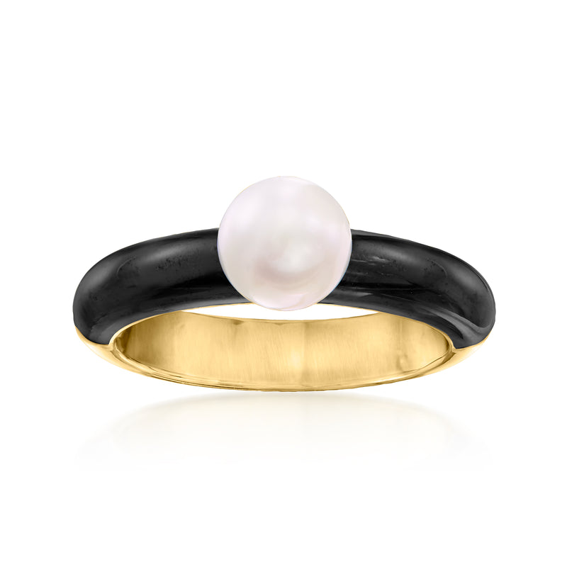Cultured pearl and black enamel ring with 18kt gold over sterling band