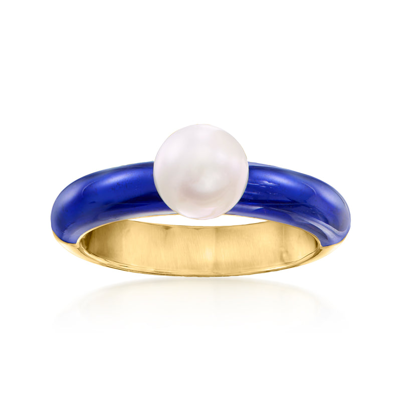 Cultured pearl and blue enamel ring with 18kt gold over sterling band