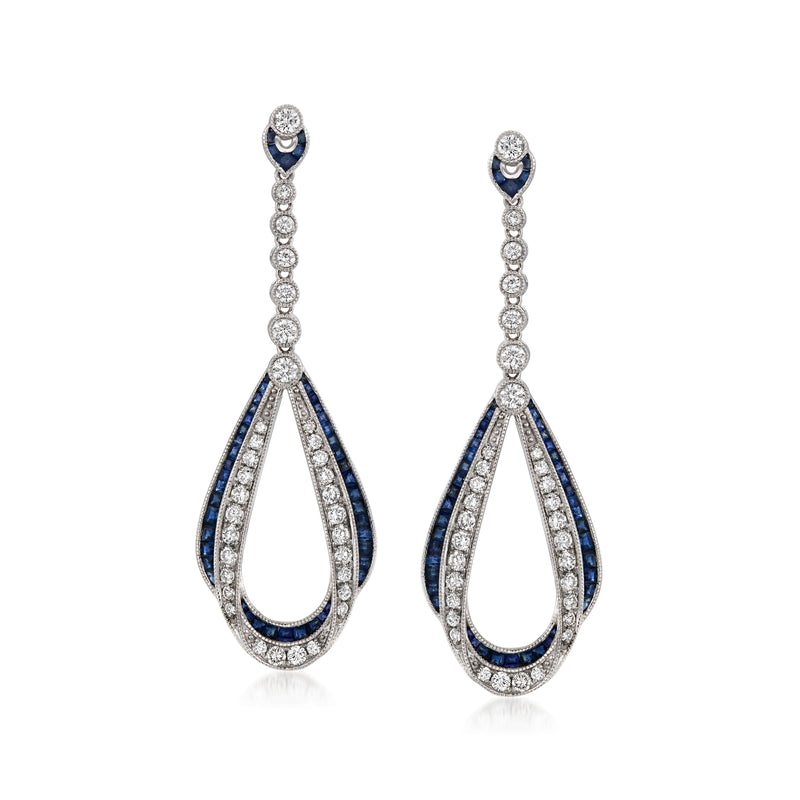 Teardrop sapphire and diamond drop earrings in 14kt white gold, blue and clear stones