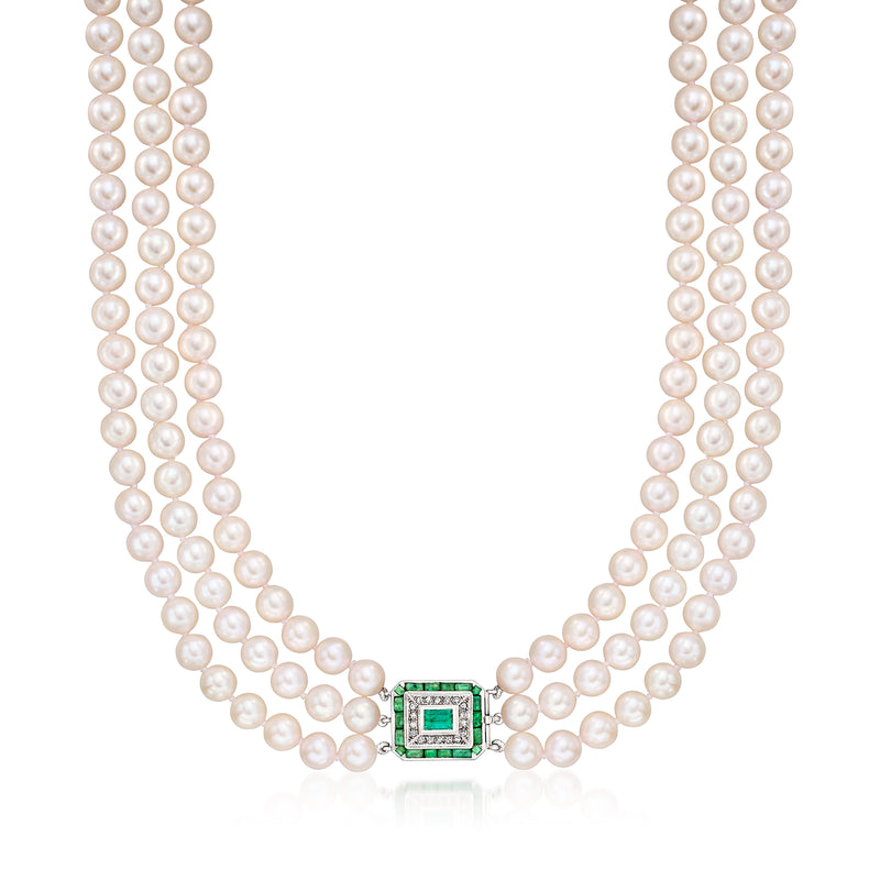 Three-strand cultured pearl necklace with square emerald pendant, platinum setting