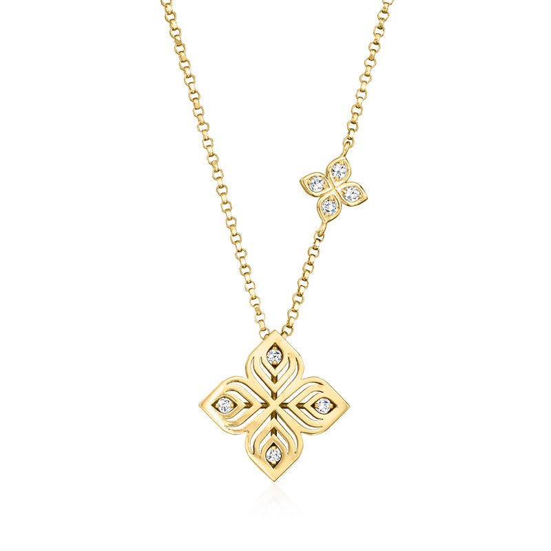 18kt yellow gold arabesque pendant necklace with diamond accents and link chain