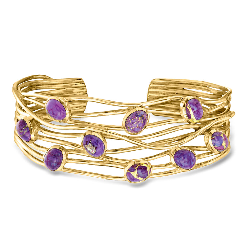 Gold over sterling cuff bracelet with purple oval gemstones, open lattice design