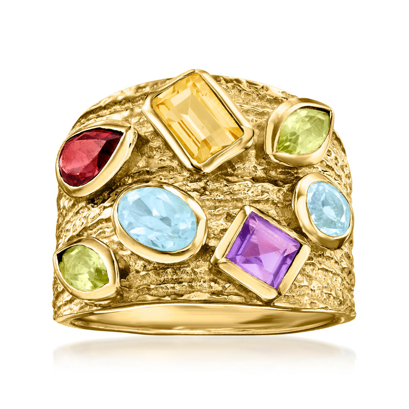 Gold over sterling multi-gem ring with large yellow center stone and purple and blue gemstone accents